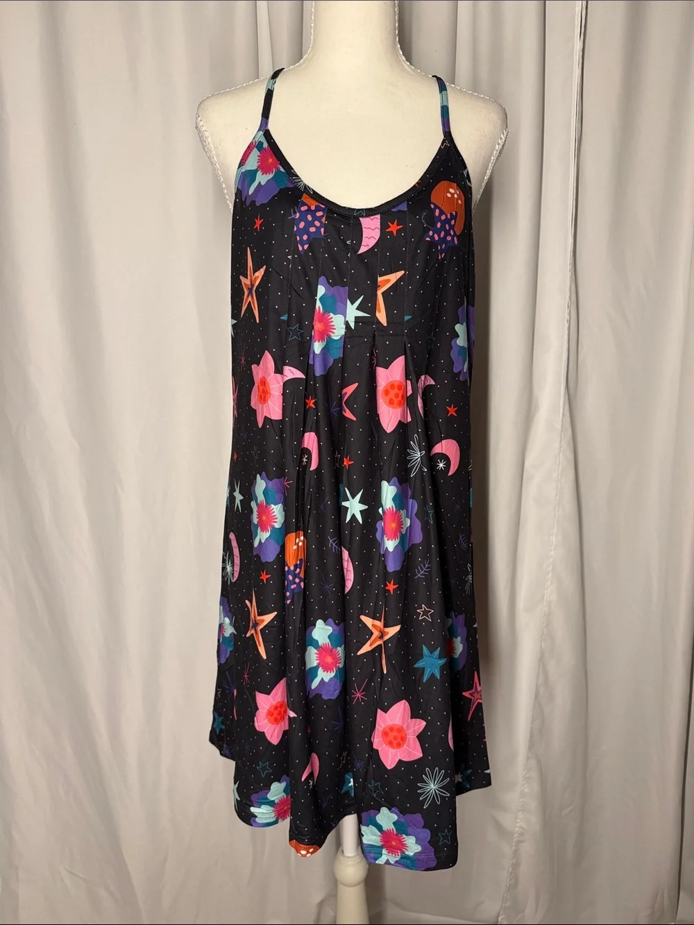 Women's Black Floral & Star Print Chemise Slip
